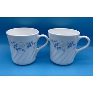 2 Vintage Corning Ware/Corelle Coffee Mugs Blue Fleur Swirl Pattern Blue/White